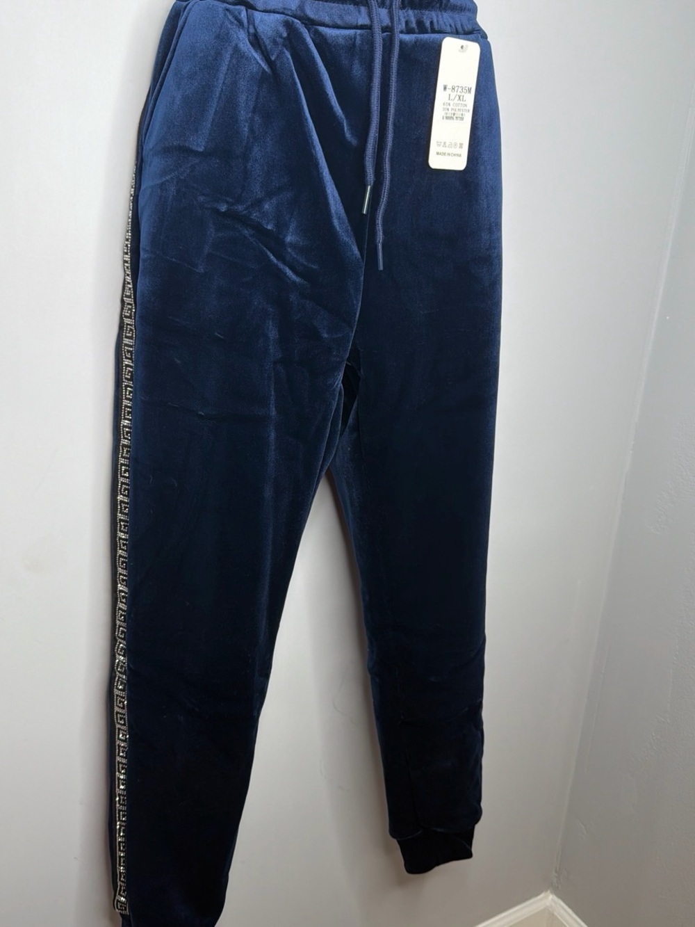 Women Navy Velour Jogger Pants - Casual Drawstring Track Pants